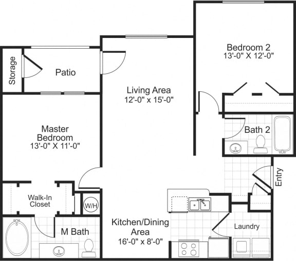 Floor Plan  B1 2 bedroom 2 bathroom floorplan at Falls Pointe at the Park Apartments in Durham, NC