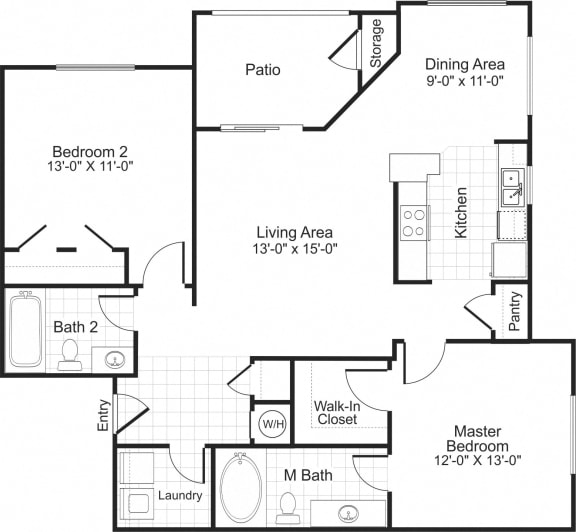 Floor Plan  B2 2 bedroom 2 bathroom floorplan at Falls Pointe at the Park in Durham, NC