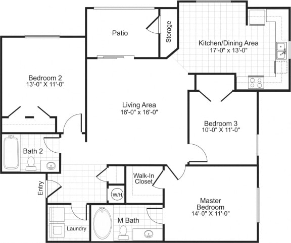 Floor Plan  C1 3 bedroom 2 bathroom floorplan at Falls Pointe at the Park in Durham, NC