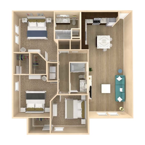 1332 Square-Feet 3 bedroom 2 bathroom Retreat Floor Plan at The Oasis at 301 Luxury Apartment Homes, Riverview