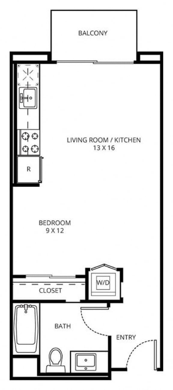 Studio A3 - 0 Bedroom 1 Bath Floor Plan Layout - 488 Square Feet