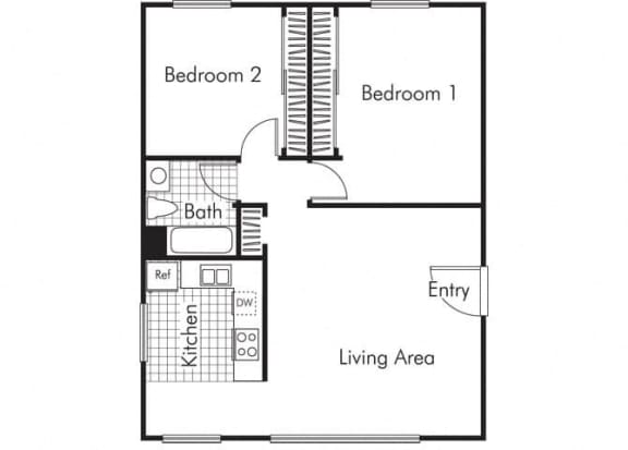 Floor Plan  Two bedroom one bathroom B1 floorplan at Walden Glen Apartments in Buena Park, CA