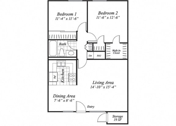Floor Plan  Two bedroom one bathroom B1 floorplan at The Stratton Apartments in San Diego, CA