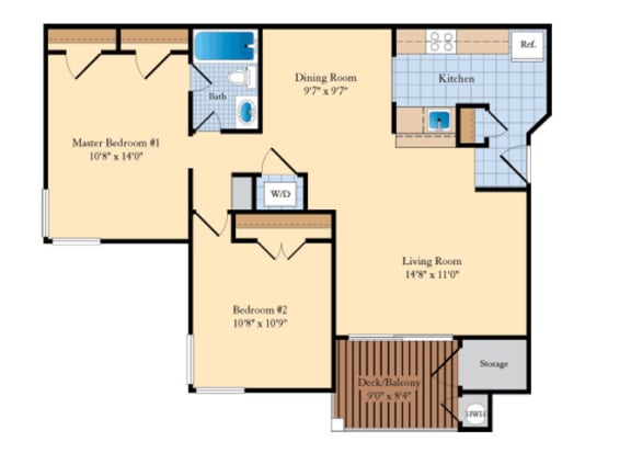 B2M 2 Bed 1 Bath Floor Plan at The Fields at Cascades, Sterling