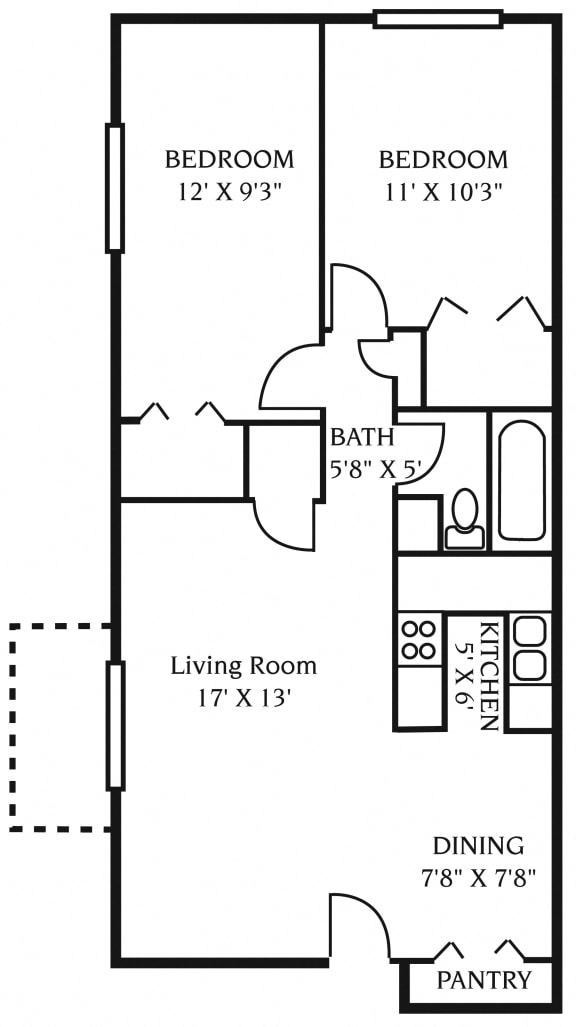 850 sq.ft. Two Bed One Bath