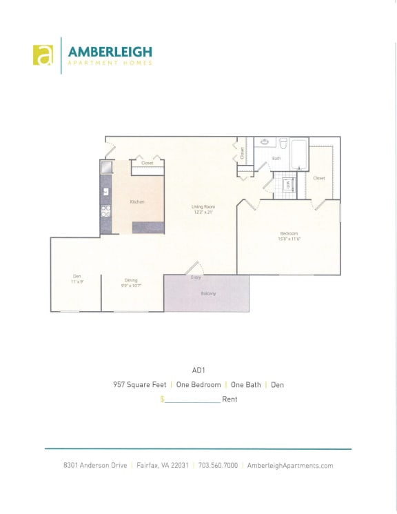 One bedroom, one bath floor plan at Amberleigh apartments in Fairfax, Virginia 22031