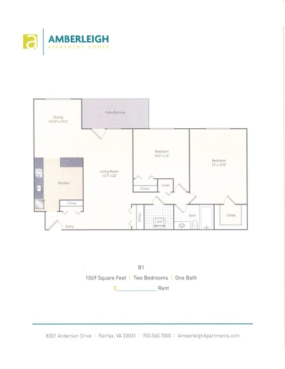 B1 2 Bed 1 Bath Floor Plan Two bedroom, one bath floor plan at Amberleigh apartments in Fairfax, Virginia 22031