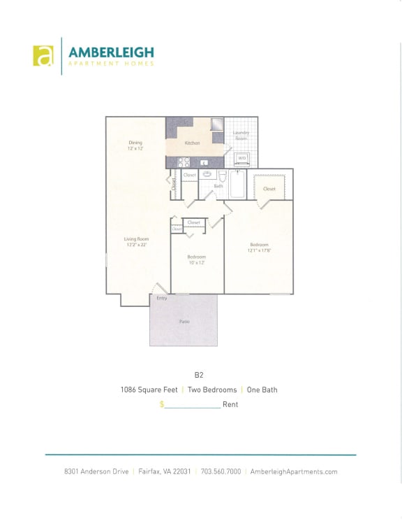 B2 2 Bed 1 Bath Floor Plan Two bedroom, one bath floor plan at Amberleigh apartments in Fairfax, Virginia 22031