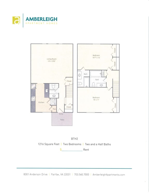 Floor Plan  Two bedroom, two and a half bath apartment floor plan at Amberleigh townhomes in Fairfax, Virginia 22031