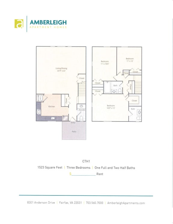 Floor Plan  Three bedroom, one and a half bath townhome floor plan at Amberleigh apartments in Fairfax, Virginia 22031