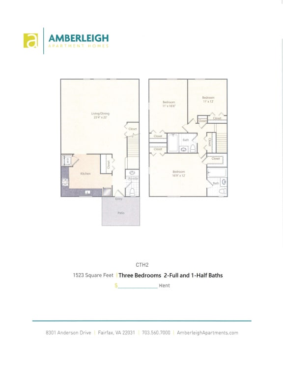 3 Bed 2.5 Bath Floor Plan Three bedroom, two and a half bath townhome floor plan at Amberleigh apartments in Fairfax, Virginia 22031