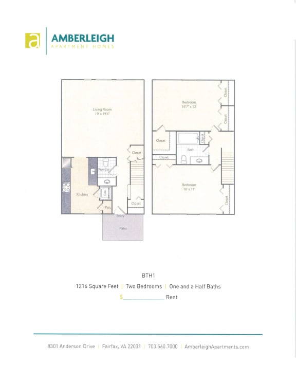 Floor Plan  Two bedroom, one and a half bath floor plan at Amberleigh apartments in Fairfax, Virginia 22031