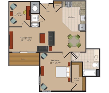 C1 1 Bedroom 1 Bathroom Floor Plan at Garfield Park, Arlington, 22201