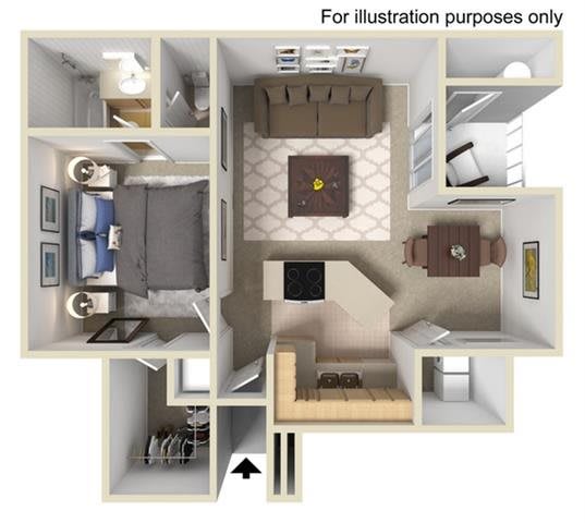 Floor Plan  1 Bedroom 1 Bathroom 3D Floor Plan