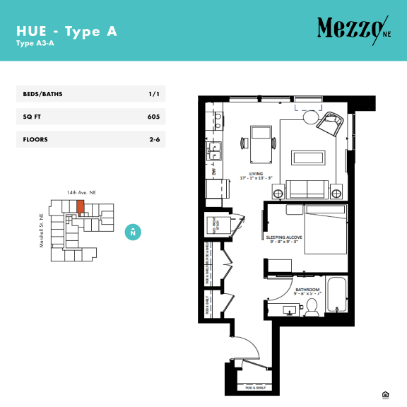 Studio, 1 & 2 Bedroom Floor Plans at Mezzo Apartments Northeast