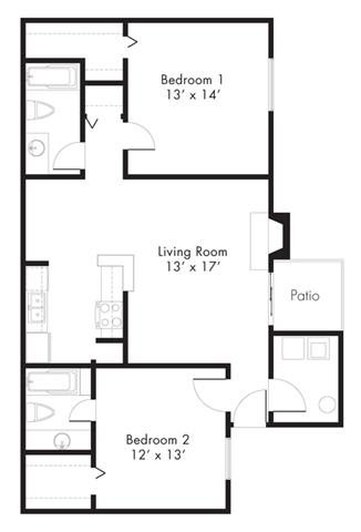 B1 - 2 Bedroom 2 Bath Floor Plan at Hawthorne House, Midland, 79705