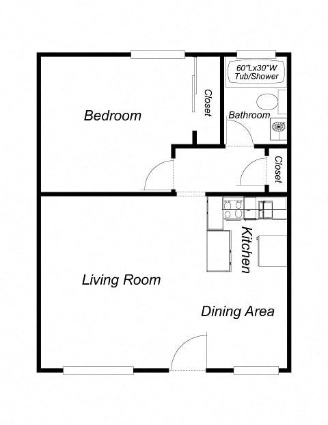 Floor Plan  1 Bedroom, 1 Bathroom (600)