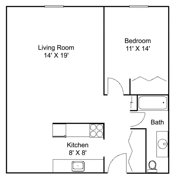 1 bed 1bath A  Floor plan at Hillsborough Apartments, Roseville, MN