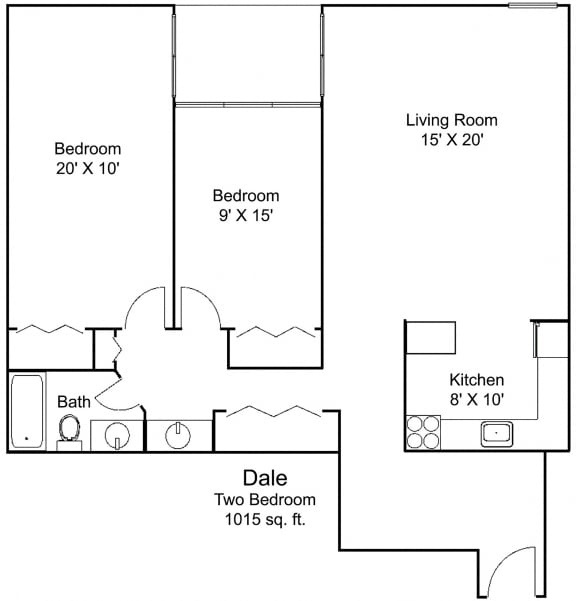 2 bed 1 bath  Floor plan at Hillsborough Apartments, Minnesota, 55113