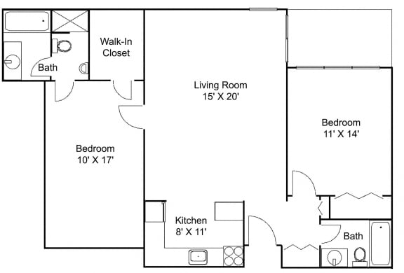 Floor Plan  2 bed 1 bath B Floor plan at Hillsborough Apartments, Roseville, MN 55113