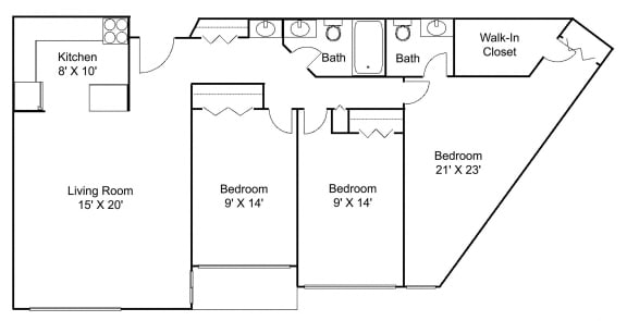 3 bed 2 bath B Floor plan at Hillsborough Apartments, Roseville, Minnesota