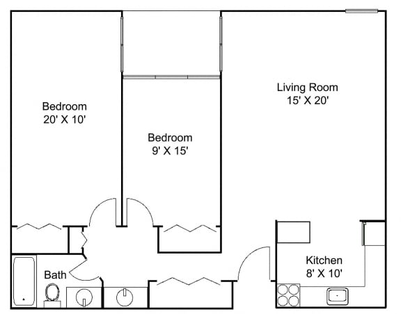 2 bed 1 bath D Floor plan at Hillsborough Apartments, Roseville, MN