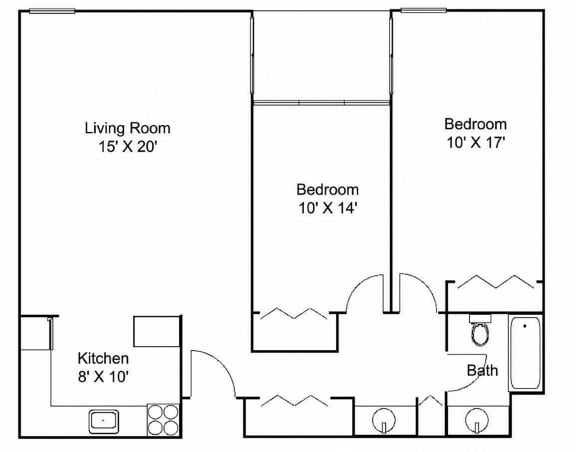 2 bed 1 bath h Floor plan at Hillsborough Apartments, Roseville, MN 55113