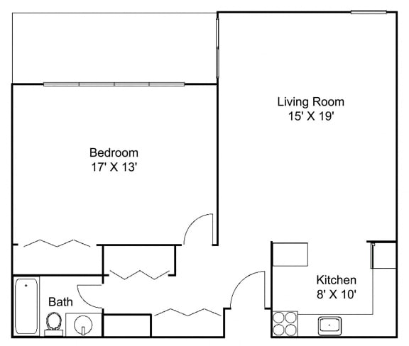 1 bed 1 bath L Floor plan at Hillsborough Apartments, Roseville, MN 55113