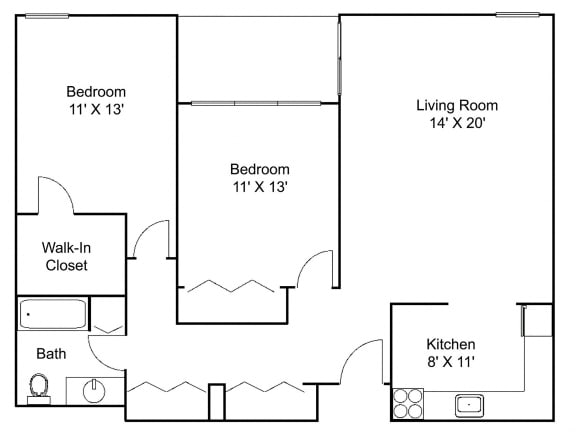 2 bed 1 bath J Floor plan at Hillsborough Apartments, Roseville, Minnesota