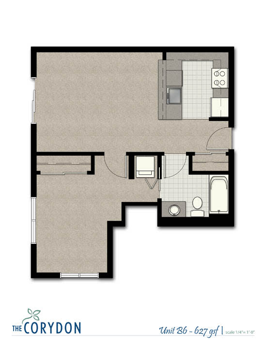 Floor Plan  One Bedroom B6 FloorPlan 664 Sq.Ft. at The Corydon, Seattle, 98105