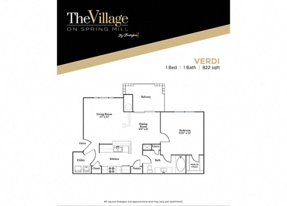 1 bedroom 1 bathroom Verdi FloorPlan, 822 Sq. Ft. at The Village on Spring Mill, Carmel, IN, 46032