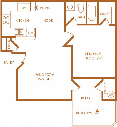Floor Plan  1x1 floor plan Apartments in Corona CA -Brookwood Villas Apartments