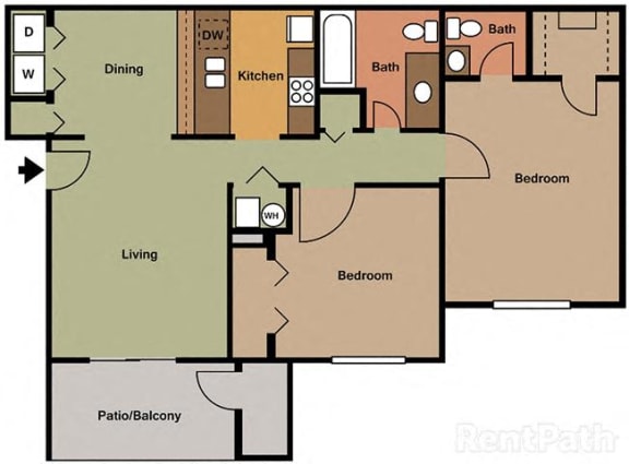 Large 2 Bedroom, 1.5 Bath Floor Plan at Creekside Square Apartments, Indianapolis, IN, 46254