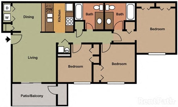 Huge 3 Bedroom, 2 Bath Floor Plan at Creekside Square Apartments, Indianapolis, 46254