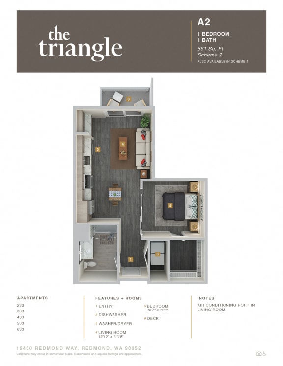 Triangle Redmond WA A2 1 Bedroom 681 SQ FT
