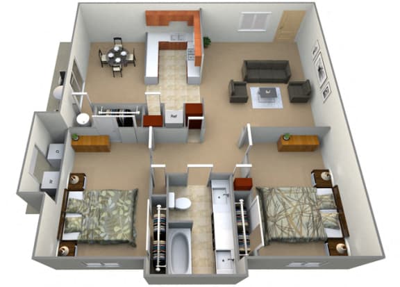 Floor Plan  2 bedroom 1 bath B Cheltingham Floor Plan at Oxford Park Apartments, California