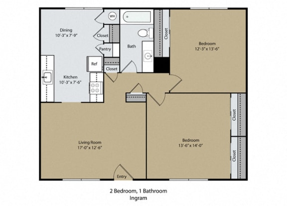 2 bedroom 1 bathroom B Ingram Floor Plan 2 bedroom 1 bathroom B Ingram Floor Plan at Scottsmen Apartments, California, 93612
