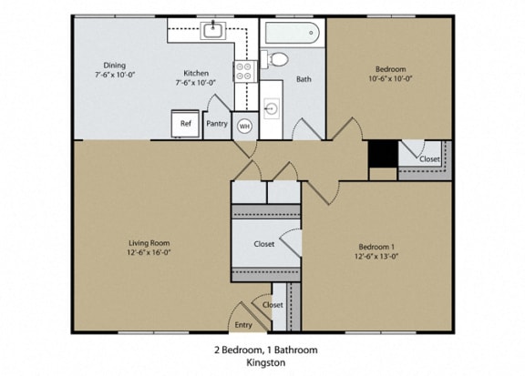 Floor Plan  2 bedroom 1 bathroom D Kingston Floor Plan at Scottsmen Apartments, Clovis, CA