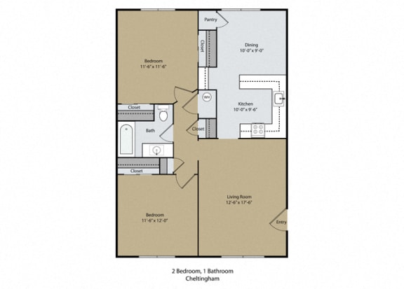 Floor Plan  2 bedroom 1 bath room Cheltingham Floor Plan A at Scottsmen Too Apartments, California
