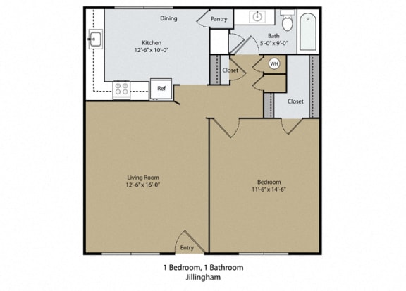 1 bedroom and 1 bathroom Jillingham Floor Plan at Scottsmen Too Apartments, Clovis, 93612