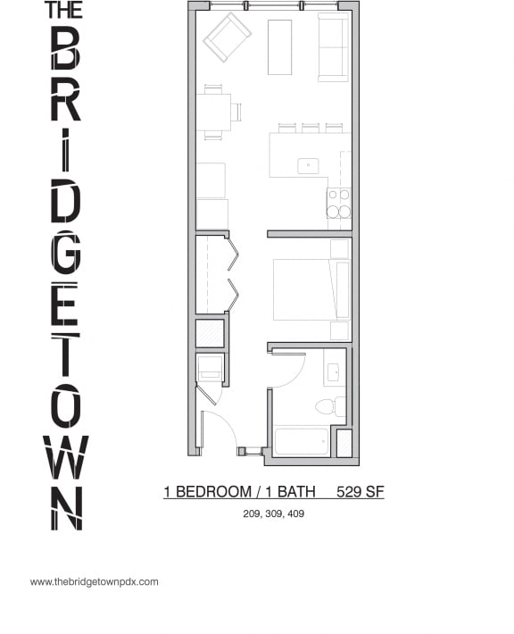 Floor Plan  Bridgetown - One Bedroom One Bathroom Floor Plan 2