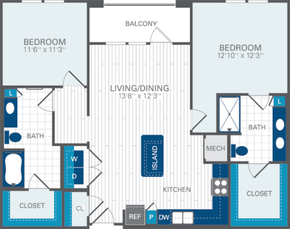 2 Bed 2 Bath B3 Floor Plan at Azul Baldwin Park, FL, 32814