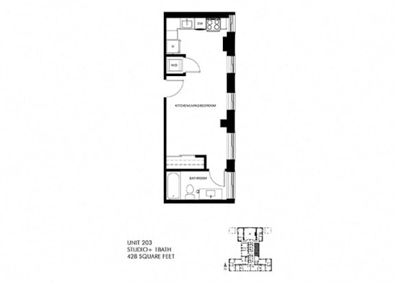 428 SQFT Studio Floor Plan at Park Heights by the Lake Apartments, Chicago, IL