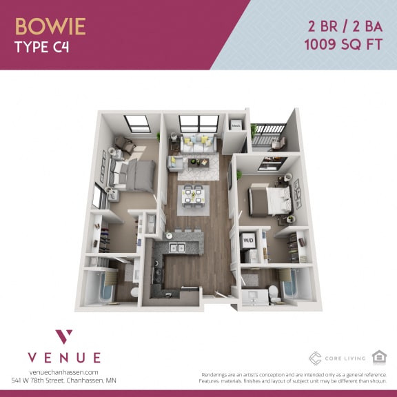 3D 2 Bed Floorplan for Venue Apartments in Chanhassen, MN