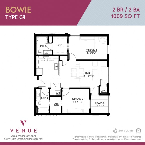 2D 2-Bed Floorplan for Venue Apartments in Chanhassen, MN