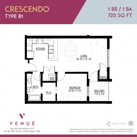 2D 1-Bed Floorplan for Venue Apartments in Chanhassen, MN