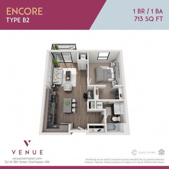 Floor Plan  3D 1 Bed Floorplan for Venue Apartments in Chanhassen, MN
