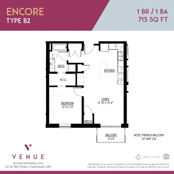 2D 1-Bed Floorplan for Venue Apartments in Chanhassen, MN
