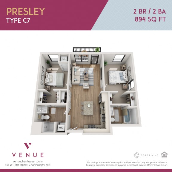 Floor Plan  3D 2 Bed Floorplan for Venue Apartments in Chanhassen, MN