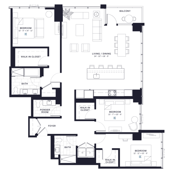 Lincoln Common Lincoln Three Bedroom Floor Plan at The Apartments at Lincoln Common, Illinois